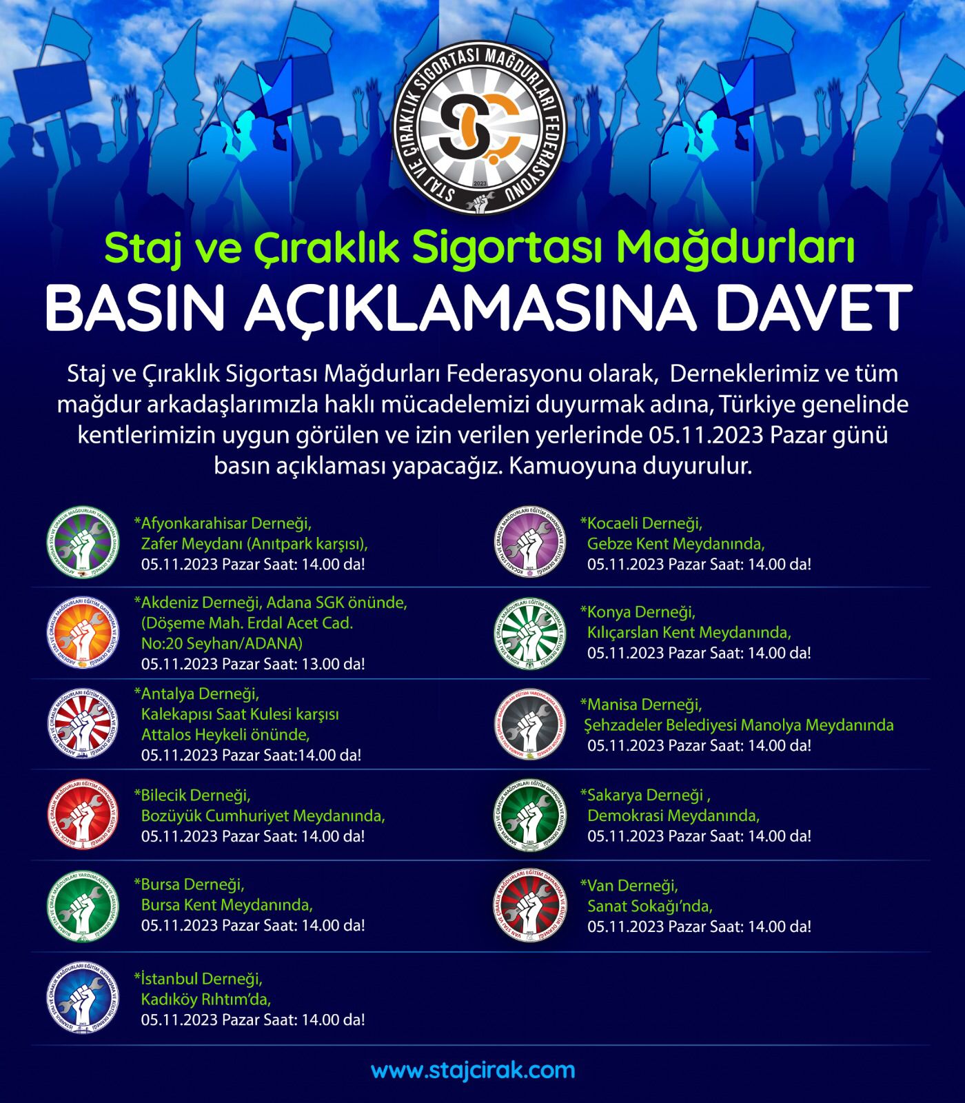 STAJ VE ÇIRAKLIK MAĞDURLARI TÜRKİYE GENELİNDE EŞ ZAMANLI MEYDANLARA İNİYOR.